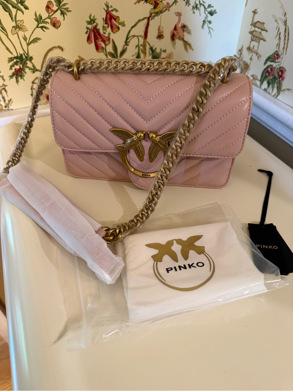 Pinko Quilted Chevron Leather Shoulder Bag in Light Pink with Gold Hardware